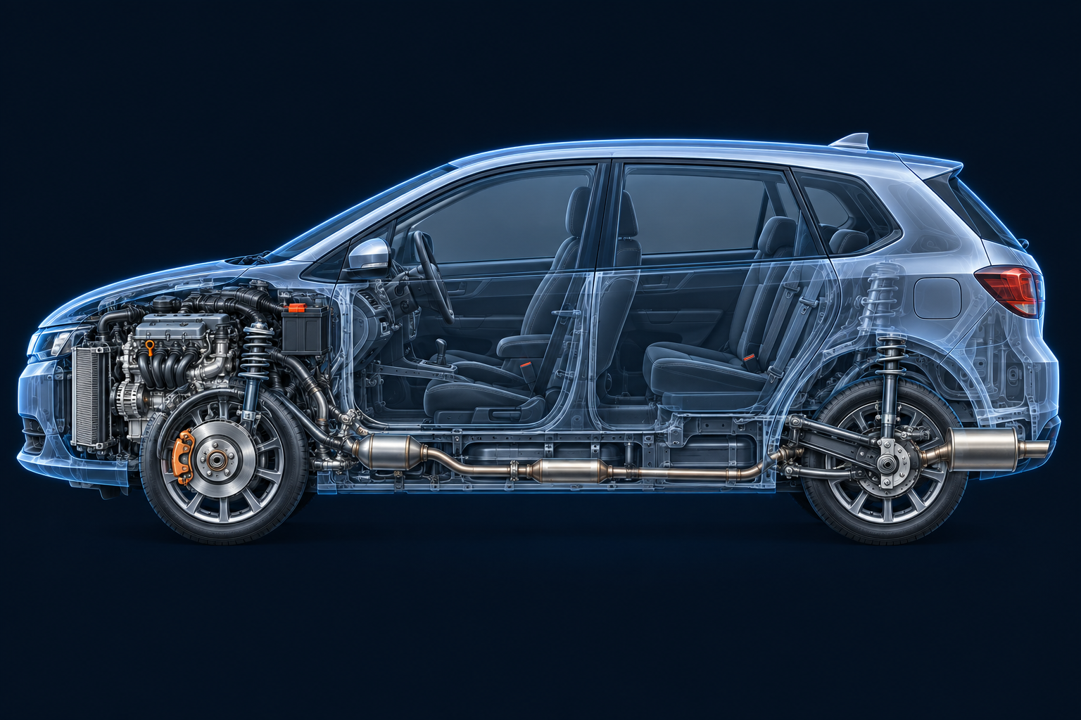 Ilustračný bočný rez autom so spaľovacím motorom vpredu vľavo